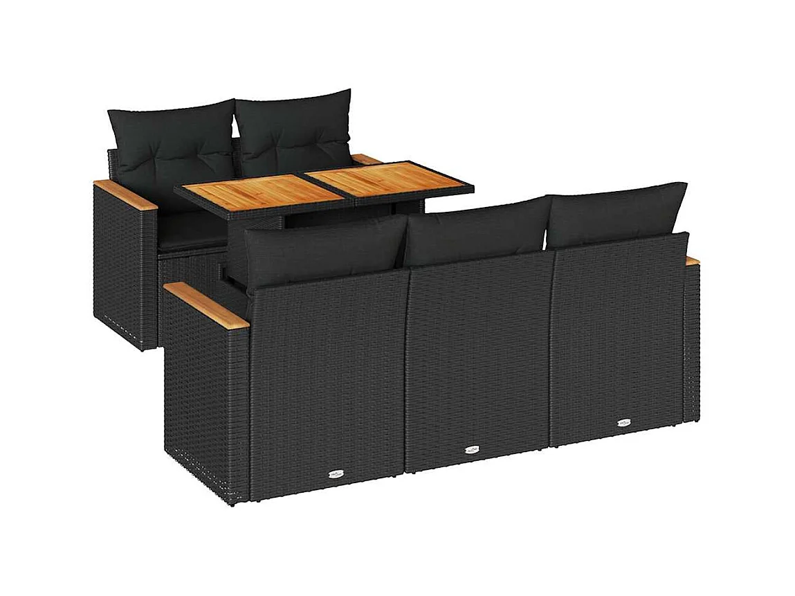 Salon de jardin 6 pcs avec coussins noir résine tressée acacia