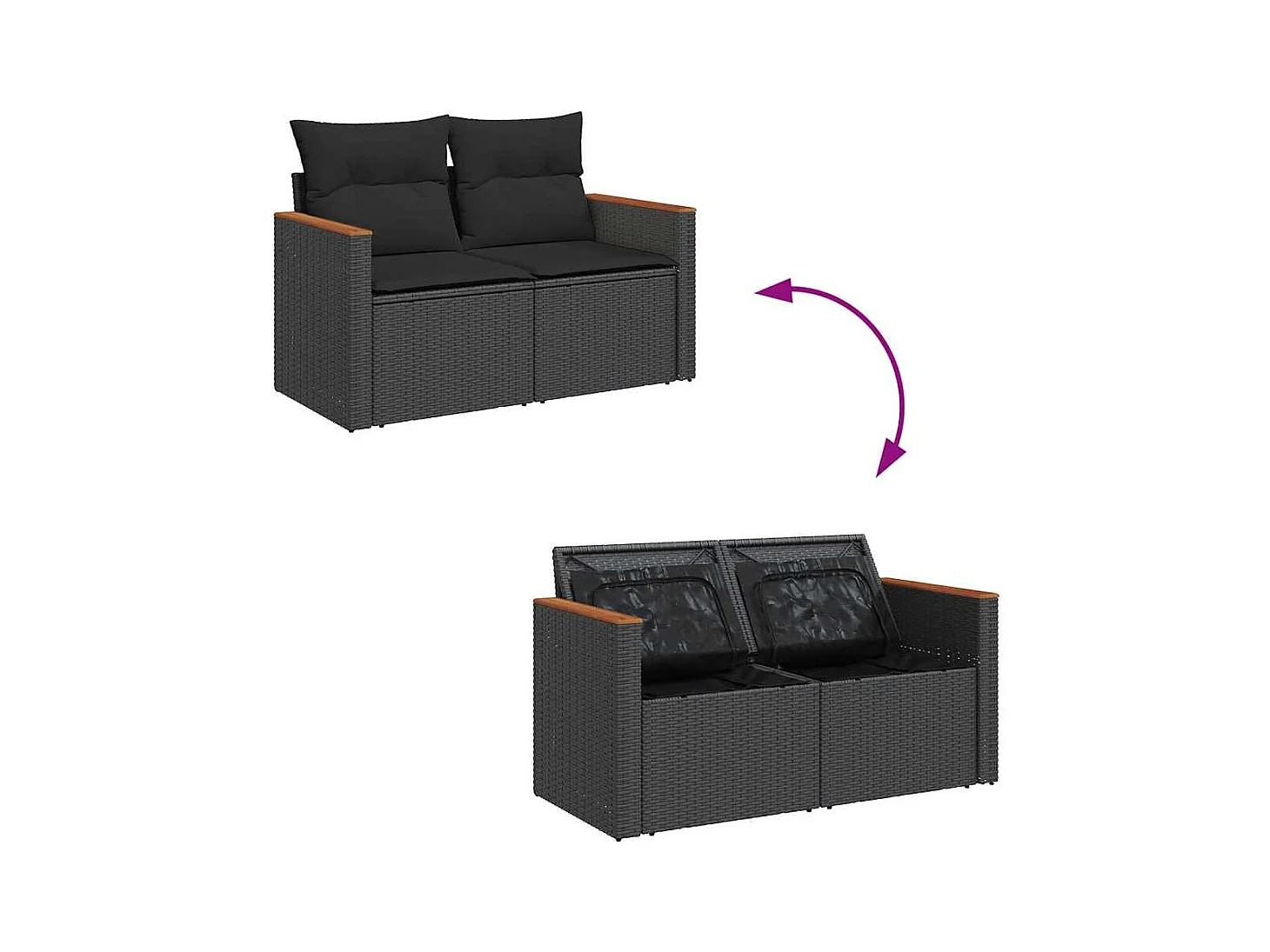 Salon de jardin 6 pcs avec coussins noir résine tressée acacia