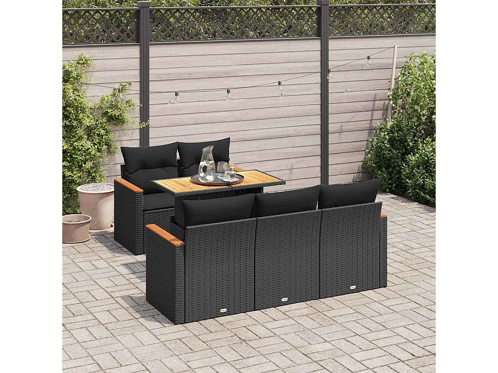 Salon de jardin 6 pcs avec coussins noir résine tressée acacia