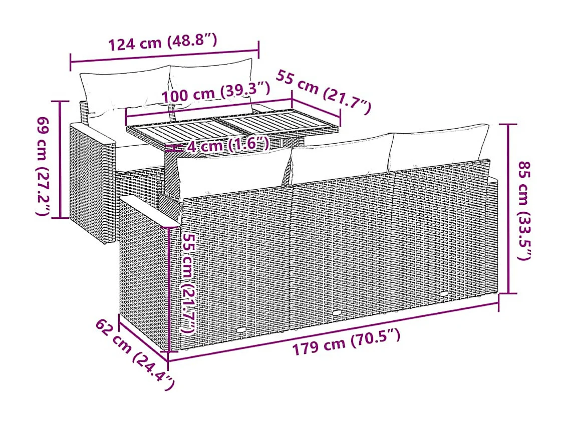 Salon de jardin 6 pcs avec coussins noir résine tressée acacia