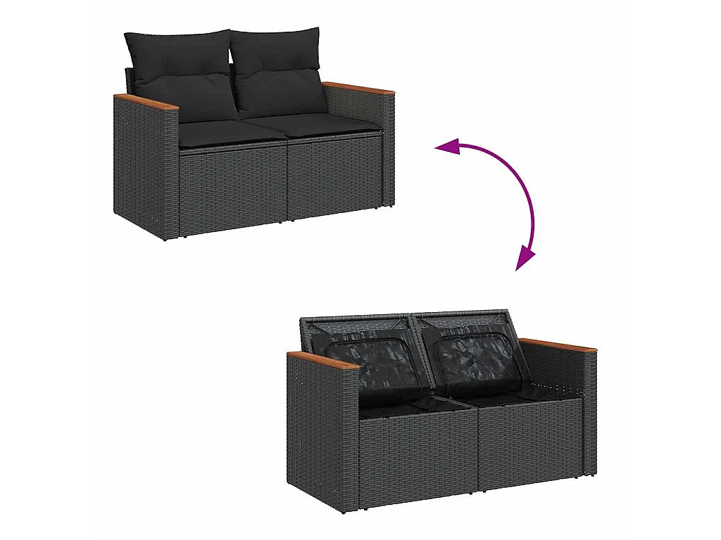 Salon de jardin 6 pcs avec coussins noir résine tressée acacia