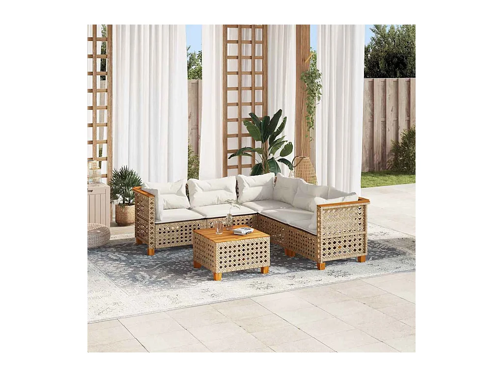 Salon de jardin avec coussins 6 pcs beige résine tressée