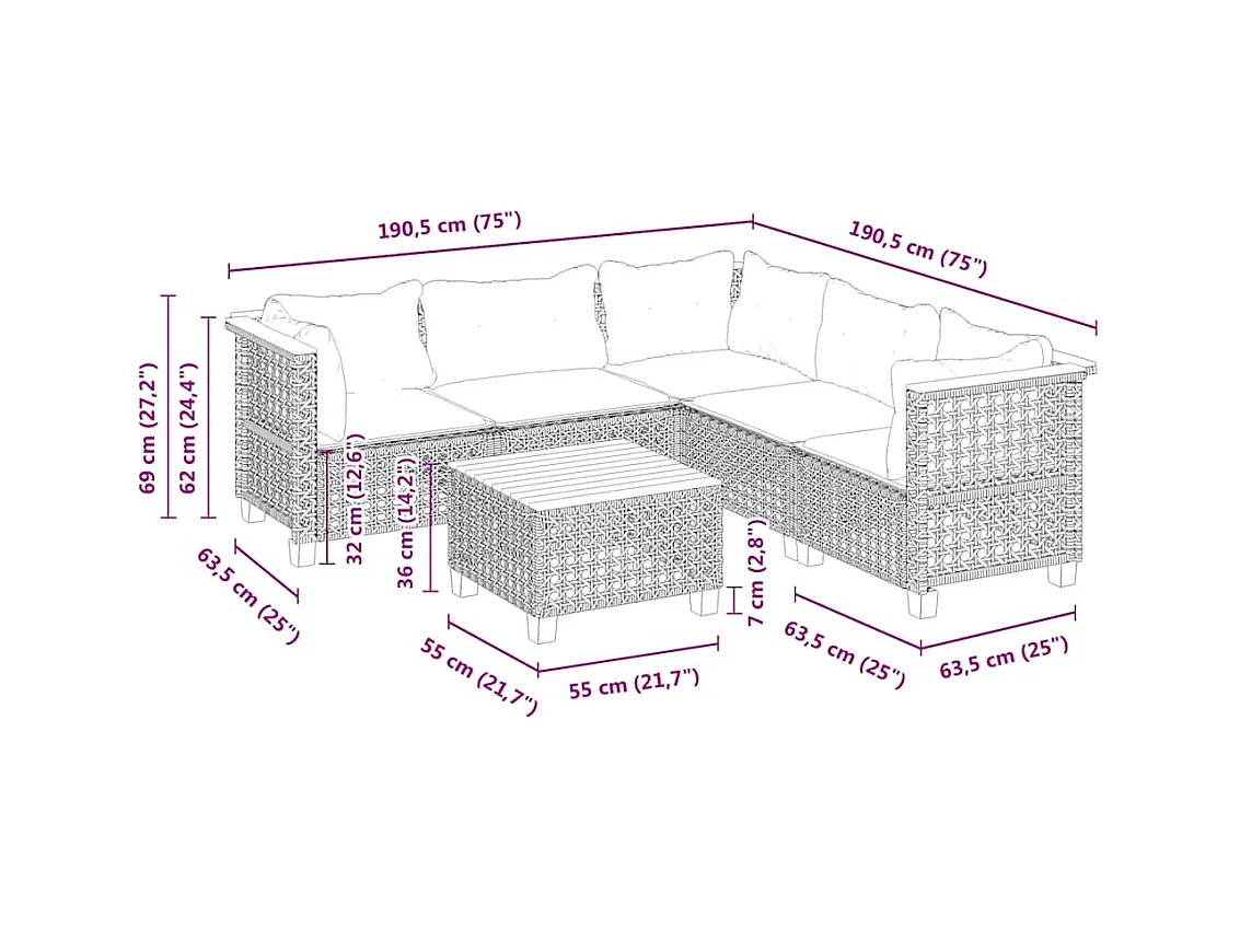 Salon de jardin avec coussins 6 pcs beige résine tressée