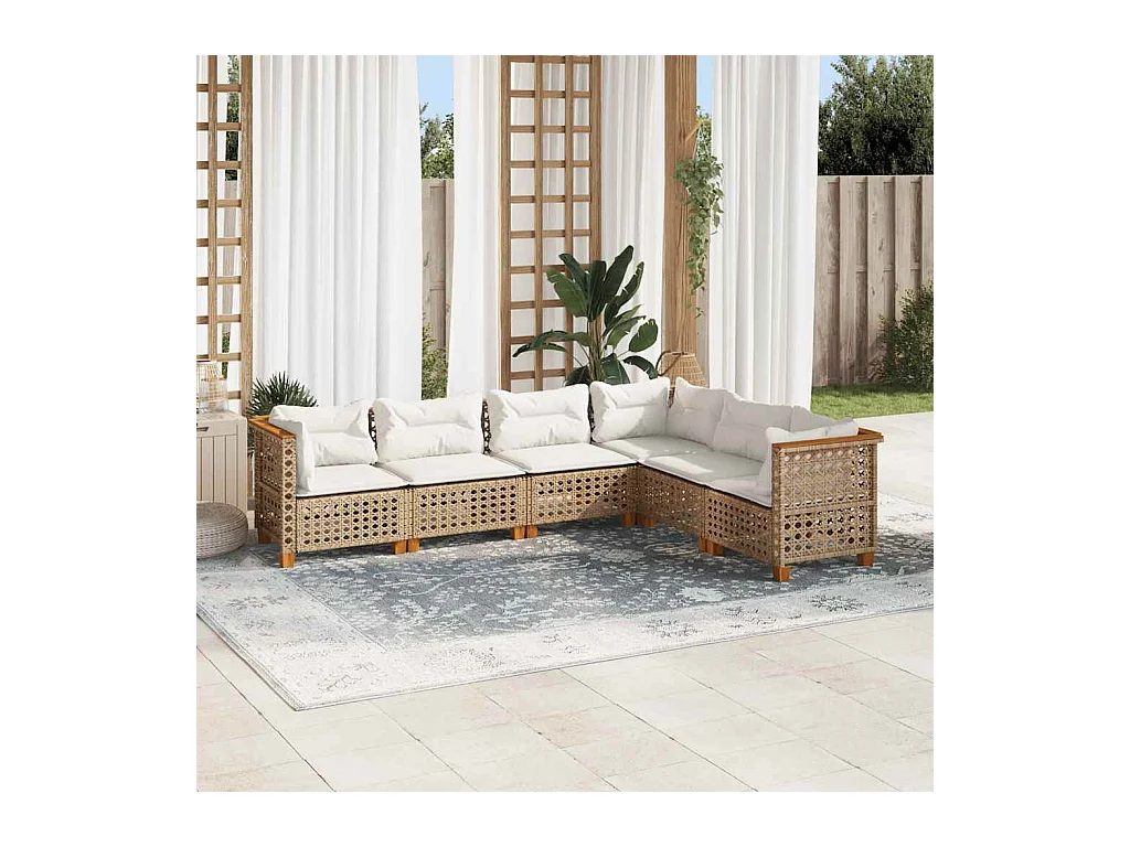 6 pcs conjunto de sofás p/ jardim com almofadões vime PE bege