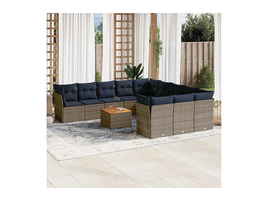 12-tlg. Garten-Sofagarnitur mit Kissen Grau Poly Rattan