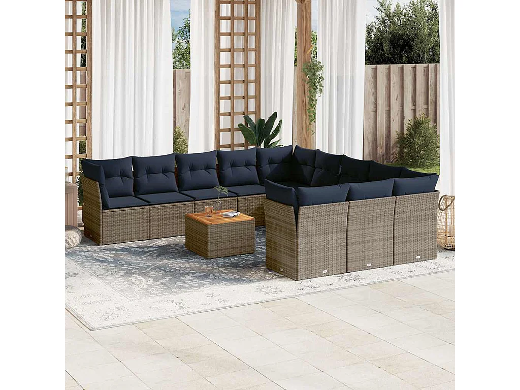 Salon de jardin avec coussins 12 pcs gris résine tressée