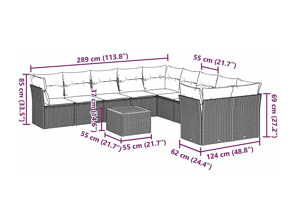 Salon de jardin avec coussins 12 pcs gris résine tressée