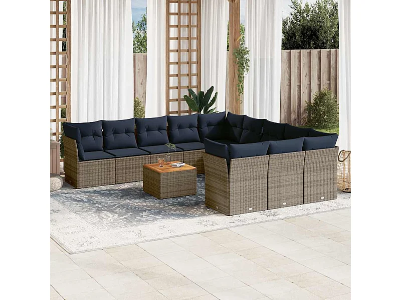 Salon de jardin avec coussins 12 pcs gris résine tressée
