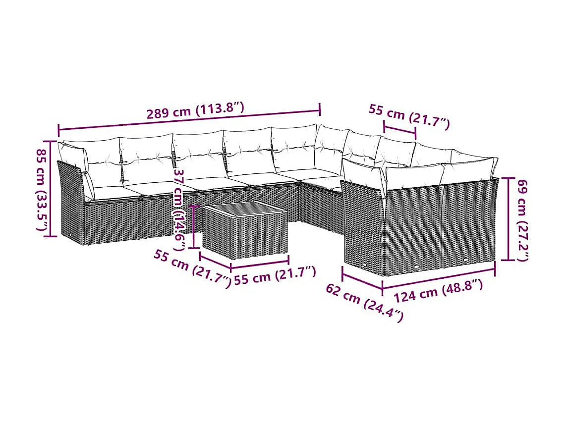 Salon de jardin 11 pcs avec coussins gris résine tressée