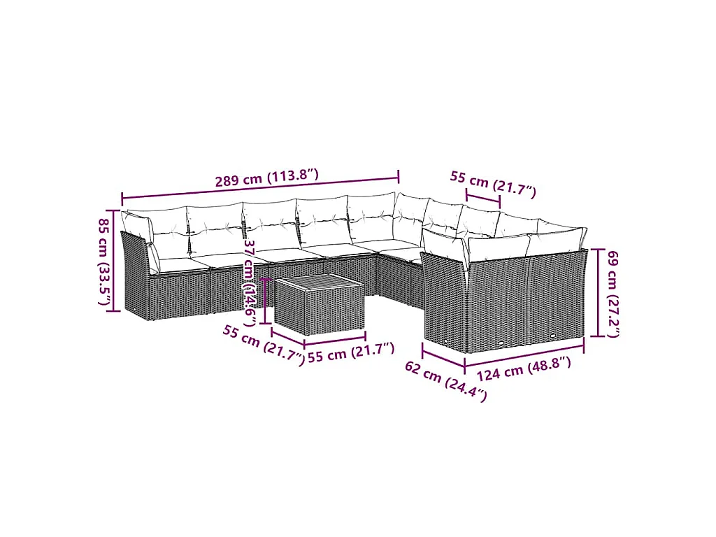 11-delige Loungeset met kussens poly rattan grijs