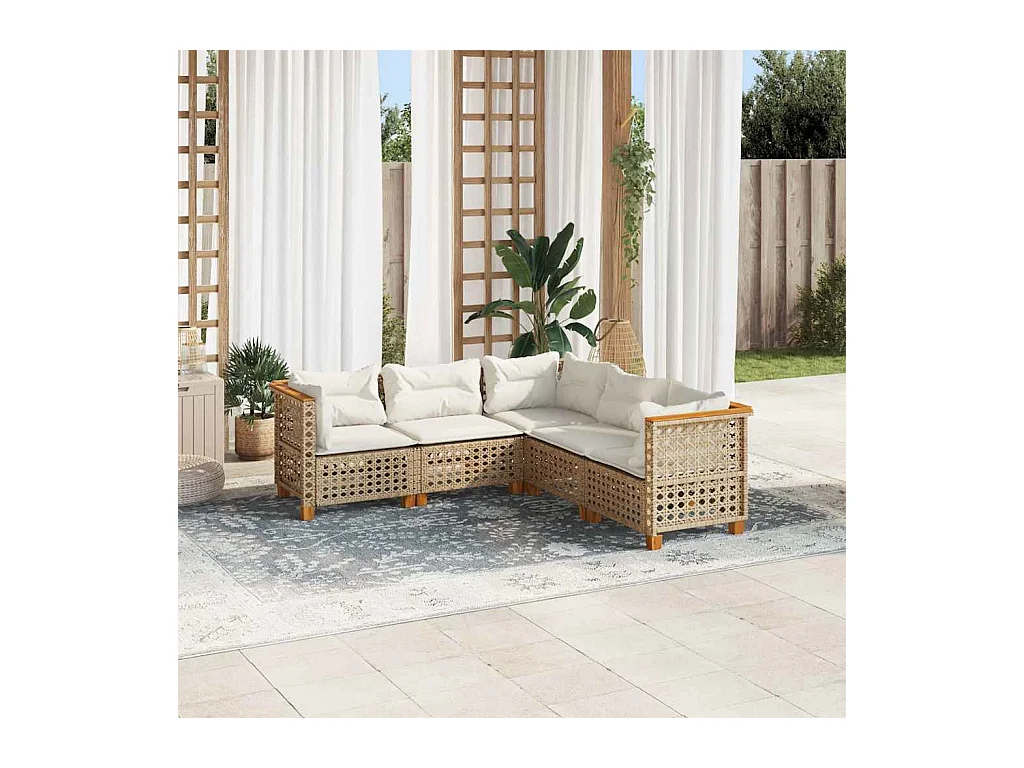 Set Divano da Giardino 5 pz con Cuscini Beige in Polyrattan