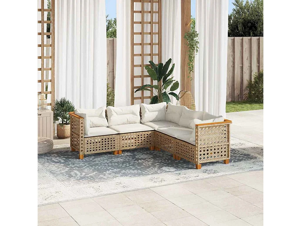 Set Divano da Giardino 5 pz con Cuscini Beige in Polyrattan