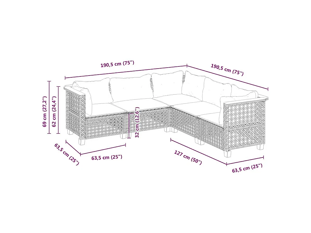 Set Divano da Giardino 5 pz con Cuscini Beige in Polyrattan