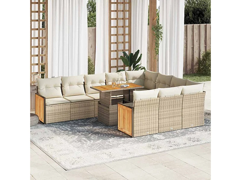 11-delige Tuinset met kussens poly rattan acacia beige
