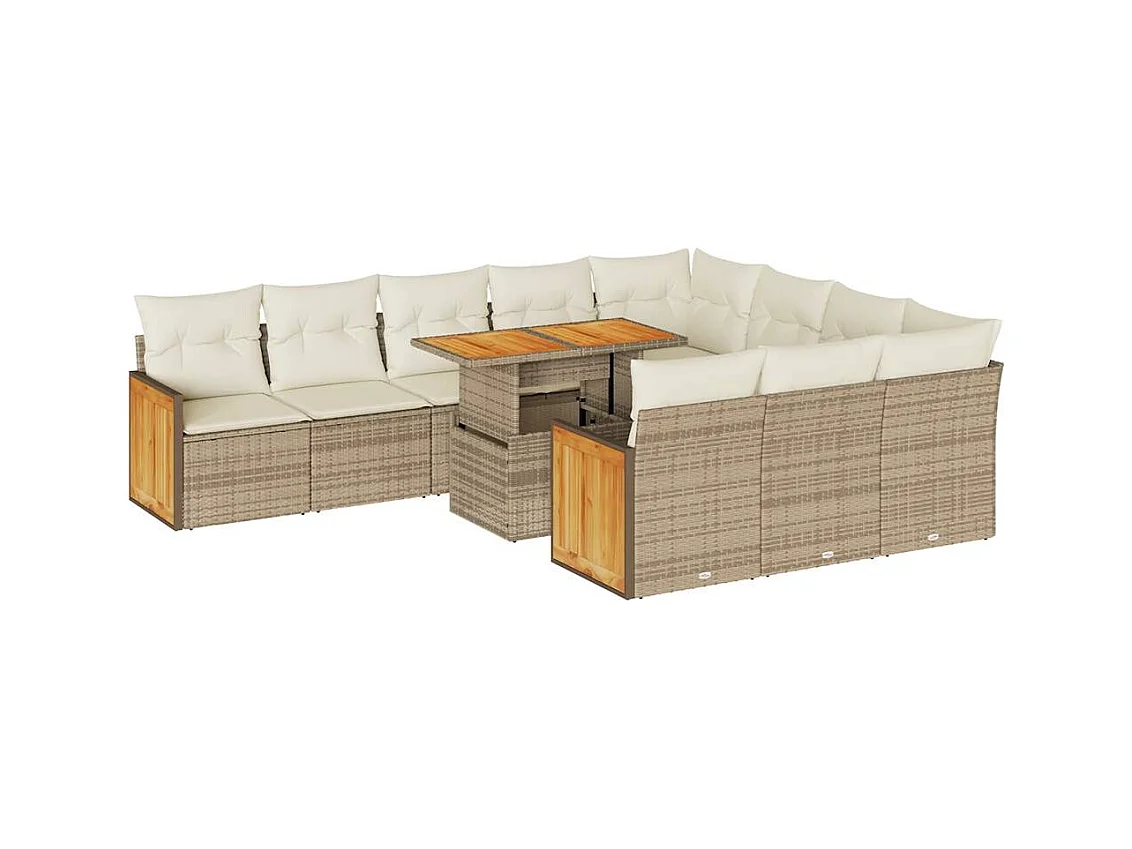 Salon de jardin 11pcs avec coussins beige résine tressée acacia
