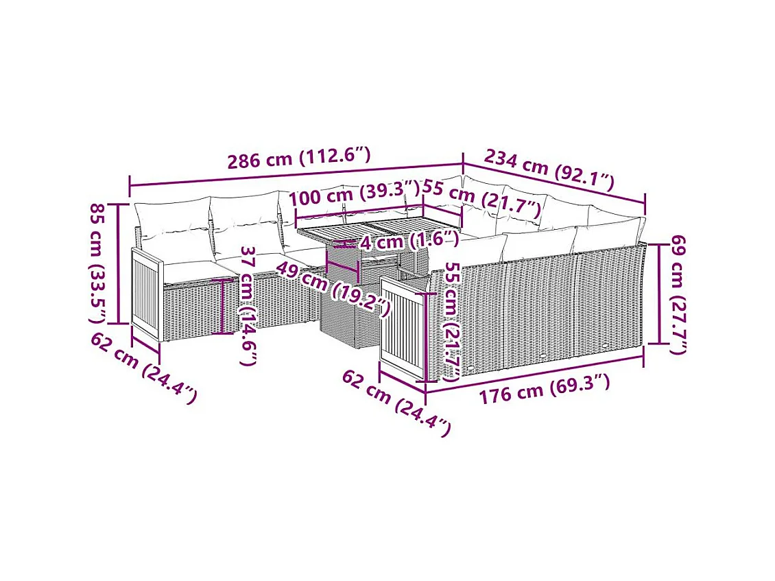 Salon de jardin 11pcs avec coussins beige résine tressée acacia