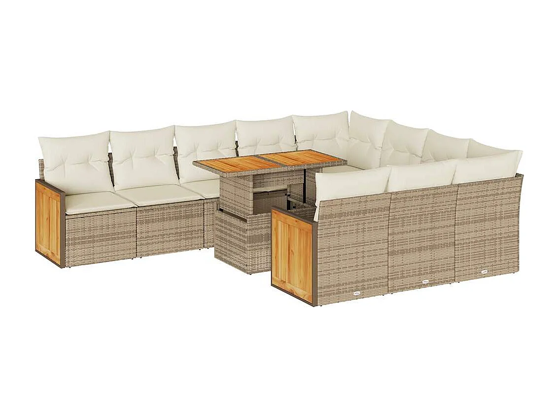 Salon de jardin 11pcs avec coussins beige résine tressée acacia