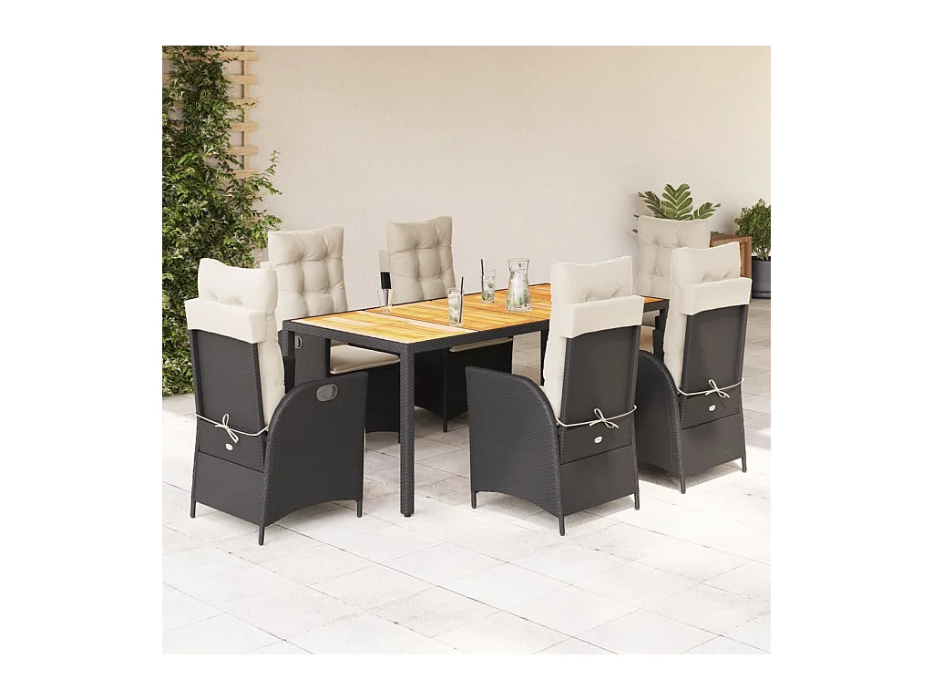 Set da Pranzo da Giardino 7 pz Nero con Cuscini in Polyrattan