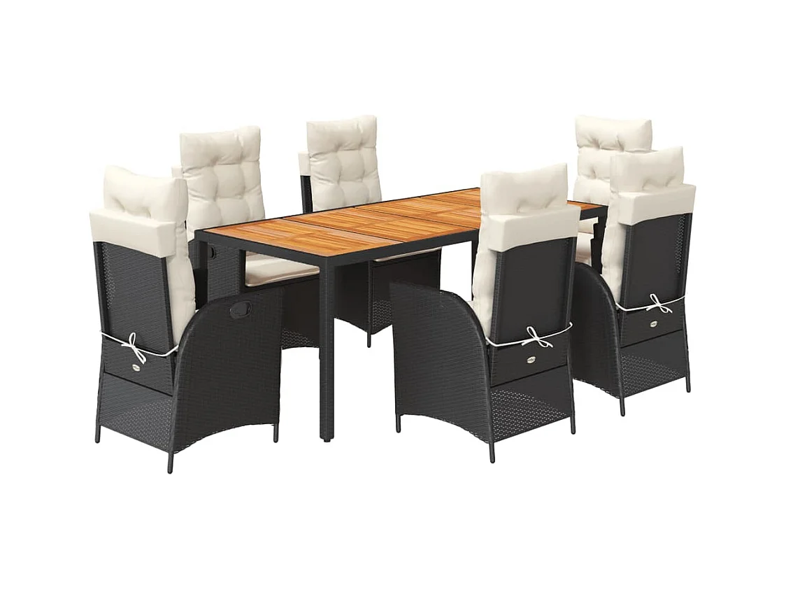 Set da Pranzo da Giardino 7 pz Nero con Cuscini in Polyrattan