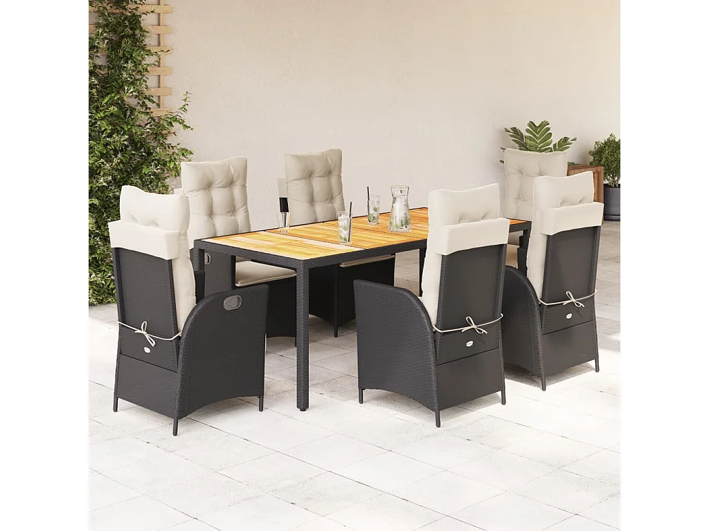 Ensemble à manger de jardin coussins 7pcs Noir Résine tressée