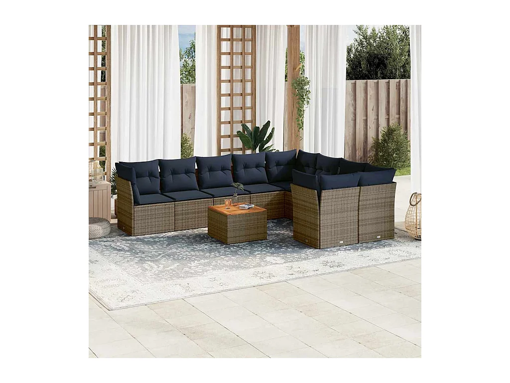 Set Divani da Giardino 10 pz con Cuscini Grigio in Polyrattan