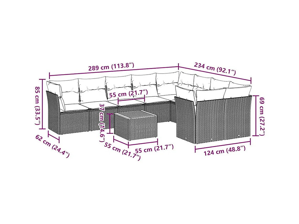 Set Divani da Giardino 10 pz con Cuscini Grigio in Polyrattan