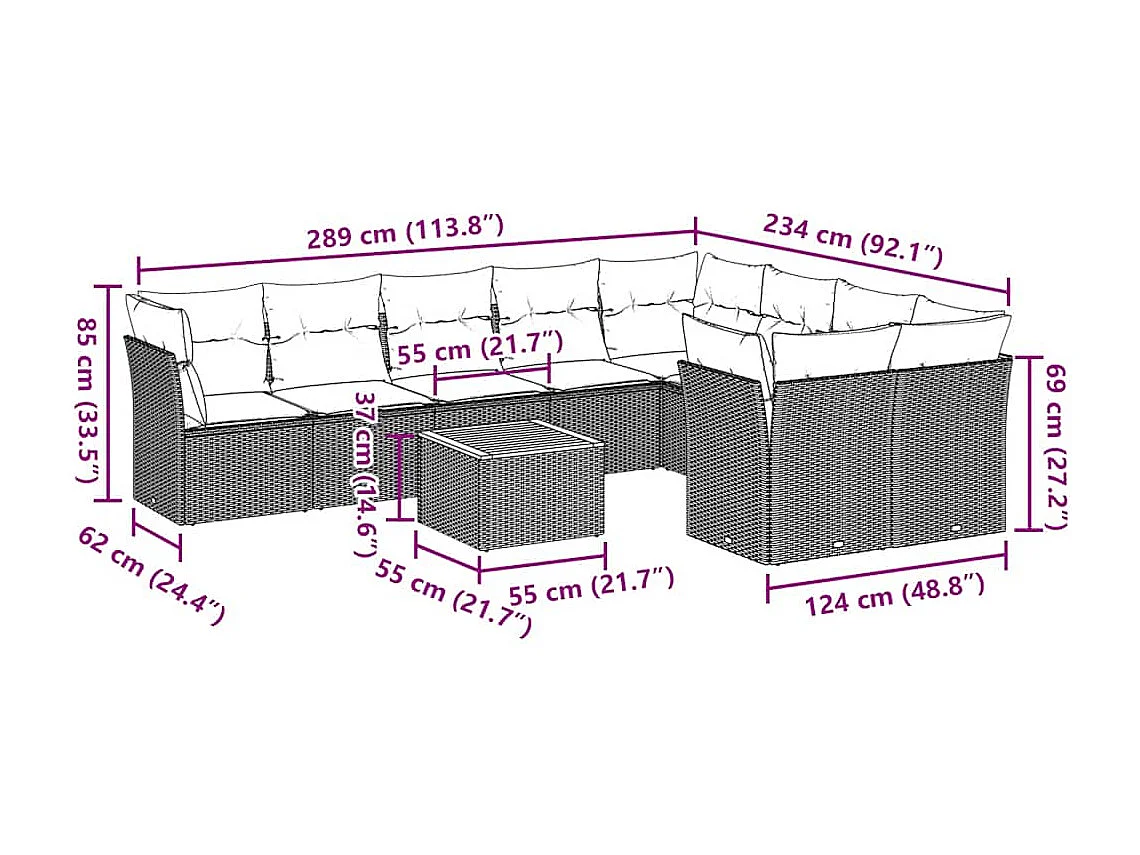 Set Divani da Giardino 10 pz con Cuscini Grigio in Polyrattan