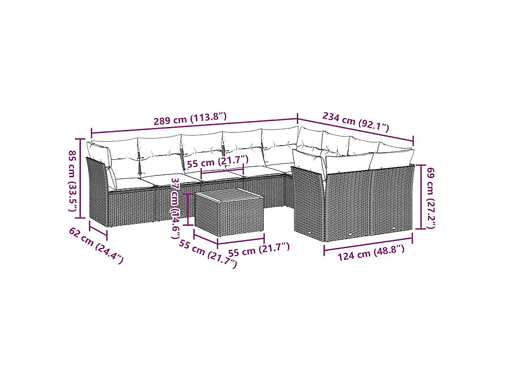 10-delige Loungeset met kussens poly rattan grijs