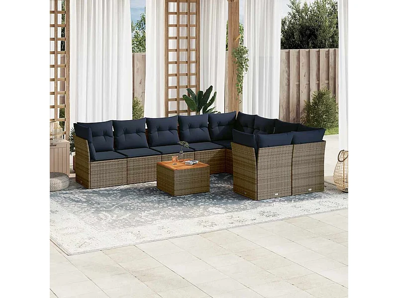 10-delige Loungeset met kussens poly rattan grijs