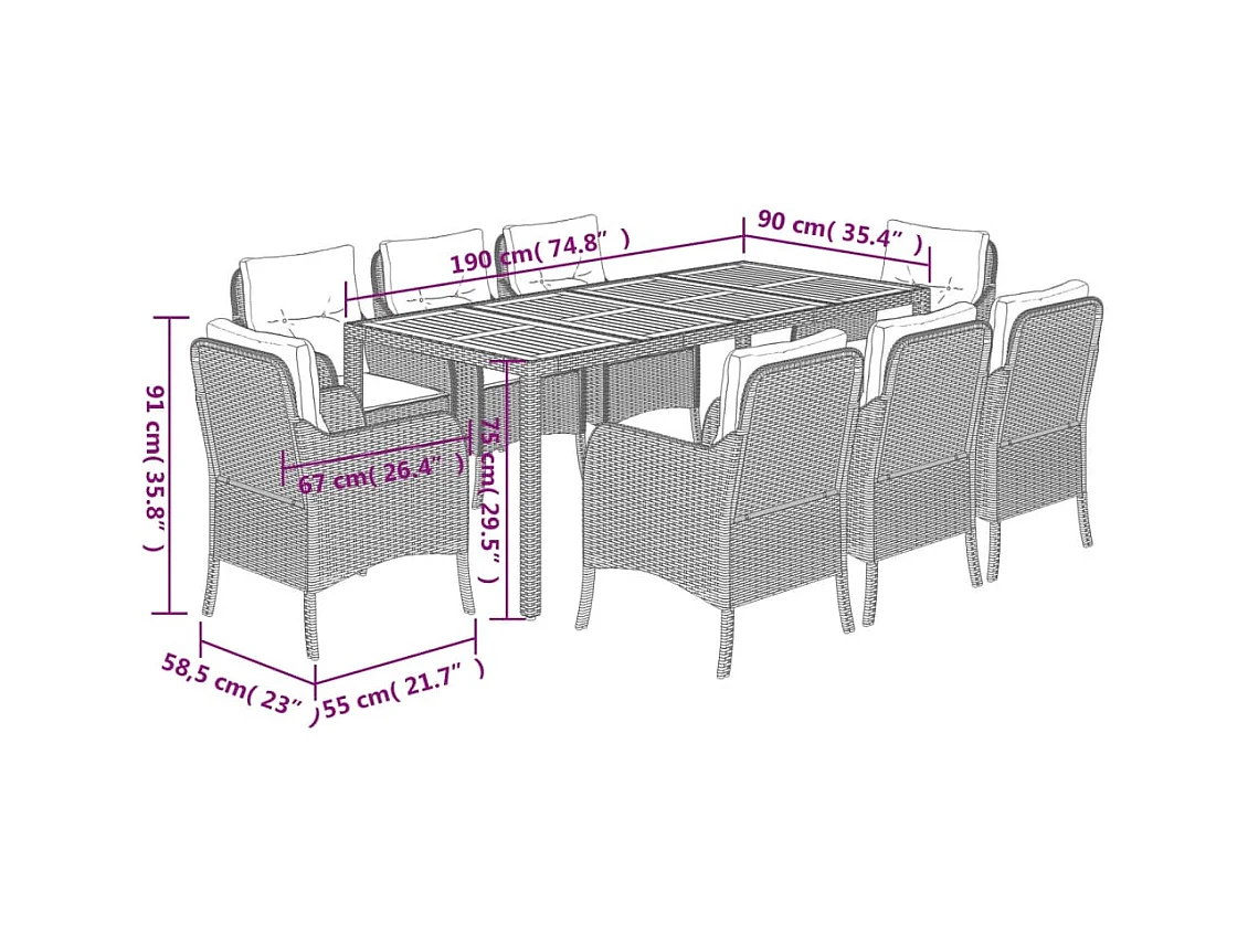 Ensemble à manger de jardin 9pcs coussins noir résine tressée