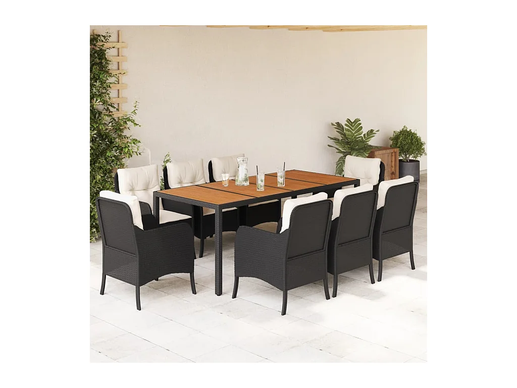 Set da Pranzo da Giardino 9 pz con Cuscini Nero in Polyrattan