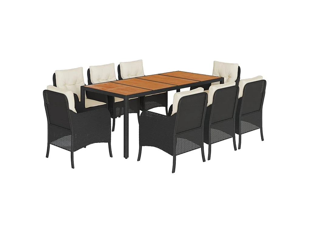 Set da Pranzo da Giardino 9 pz con Cuscini Nero in Polyrattan