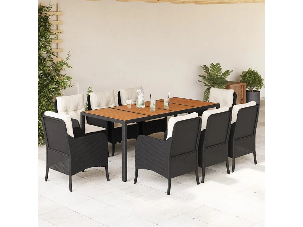 Set da Pranzo da Giardino 9 pz con Cuscini Nero in Polyrattan