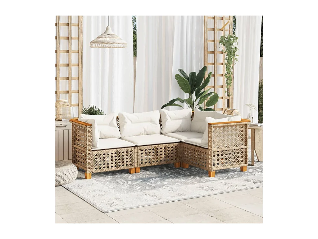 4-tlg. Garten-Sofagarnitur mit Kissen Beige Poly Rattan