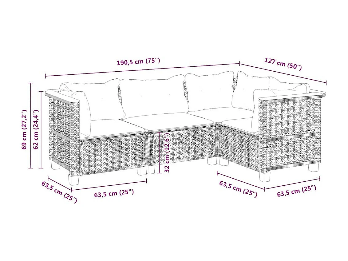 Salon de jardin avec coussins 4 pcs beige résine tressée