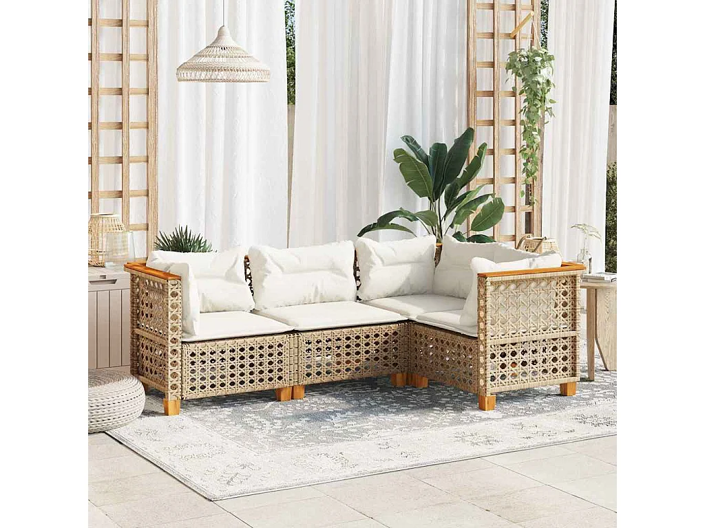 4-tlg. Garten-Sofagarnitur mit Kissen Beige Poly Rattan