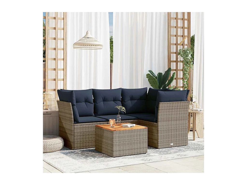 Salon de jardin 5 pcs avec coussins gris résine tressée