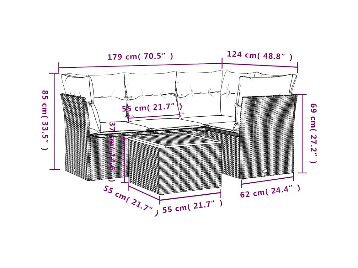 Salon de jardin 5 pcs avec coussins gris résine tressée