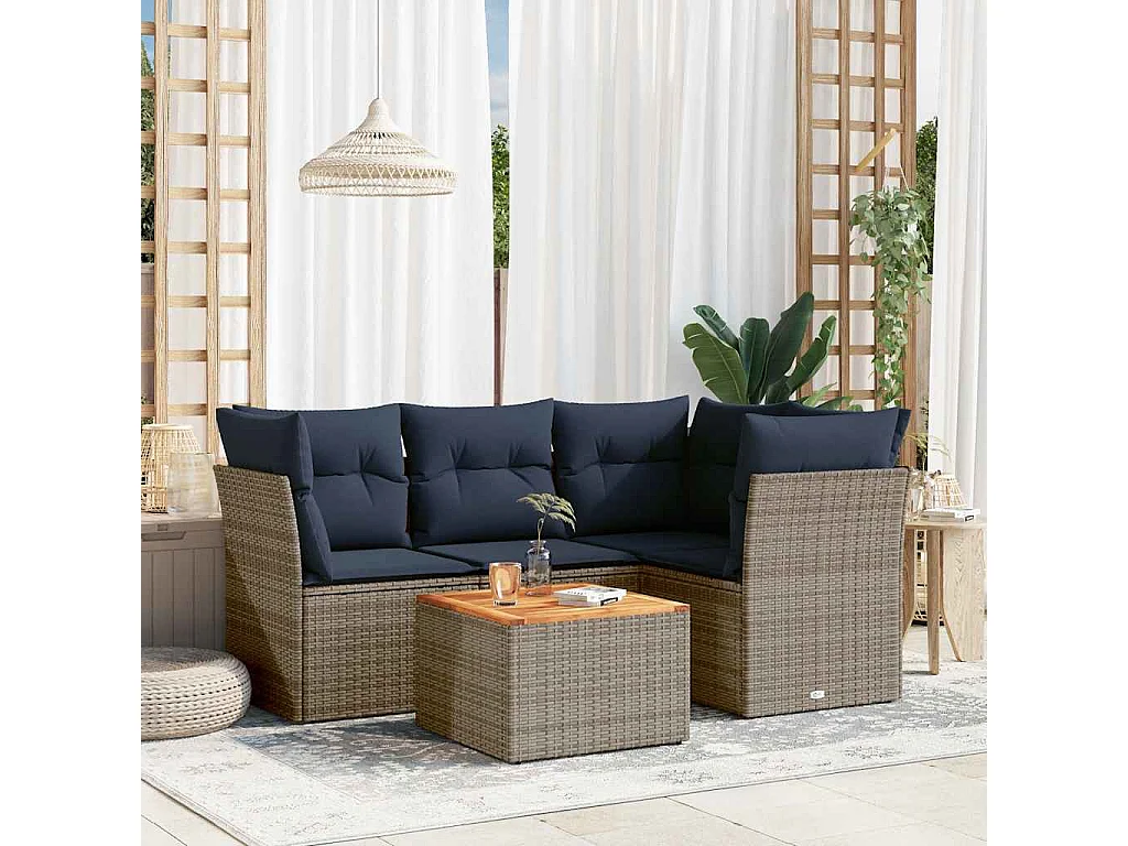 5-tlg. Garten-Sofagarnitur mit Kissen Grau Poly Rattan