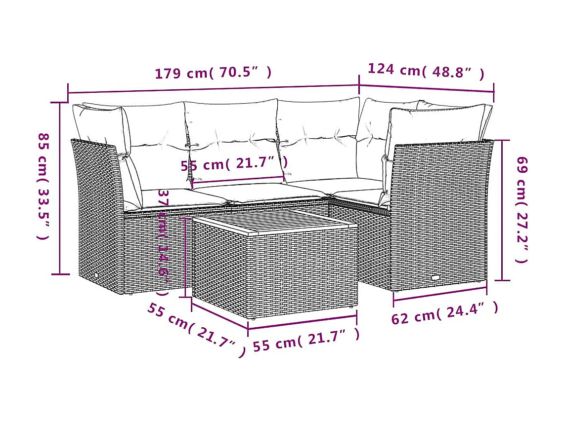 5-tlg. Garten-Sofagarnitur mit Kissen Grau Poly Rattan