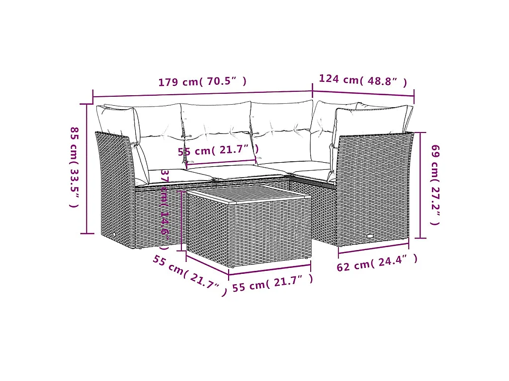 5-delige Loungeset met kussens poly rattan grijs