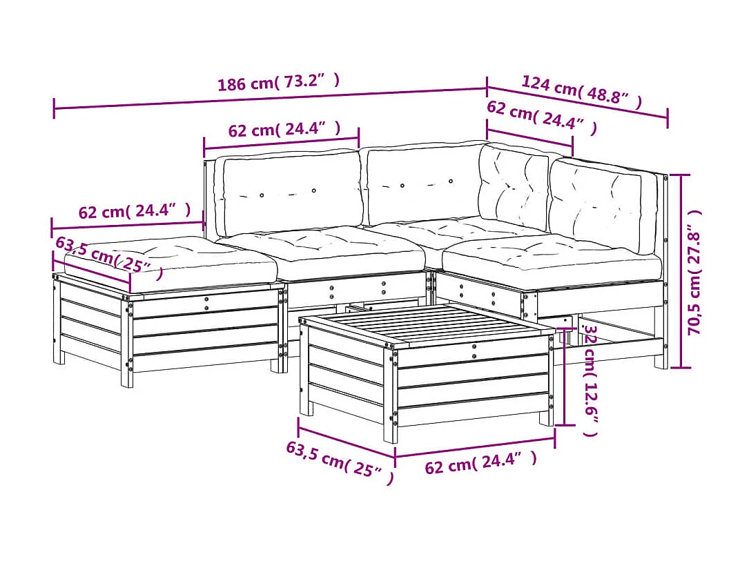 5 pcs conj. lounge jardim com almofadões madeira douglas maciça
