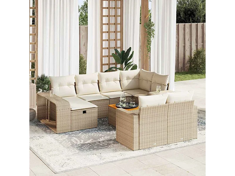 11-delige Tuinset met kussens poly rattan beige