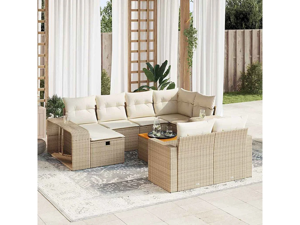 11-tlg. Garten-Sofagarnitur mit Kissen Beige Poly Rattan