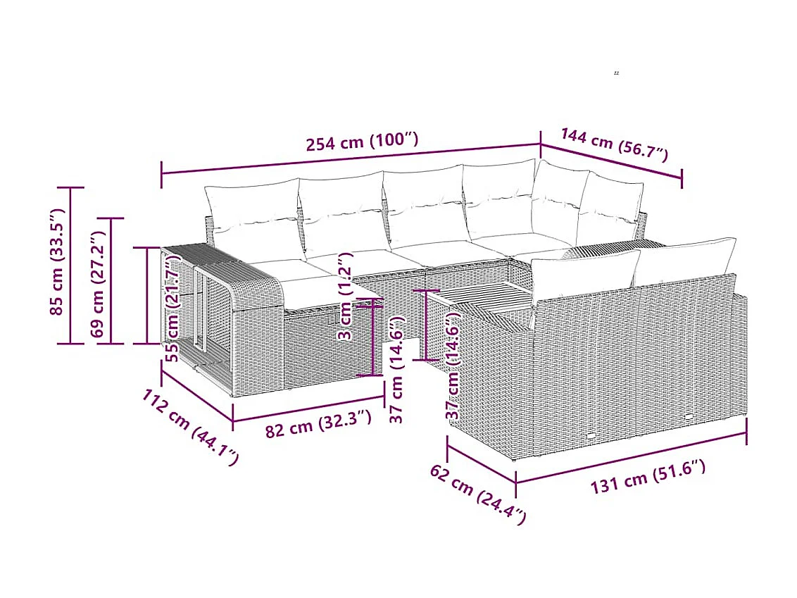 11-tlg. Garten-Sofagarnitur mit Kissen Beige Poly Rattan