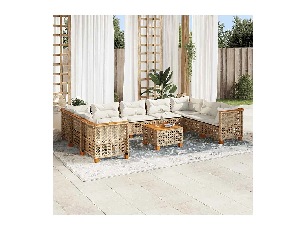 Set Divano da Giardino 10 pz con Cuscini Beige in Polyrattan
