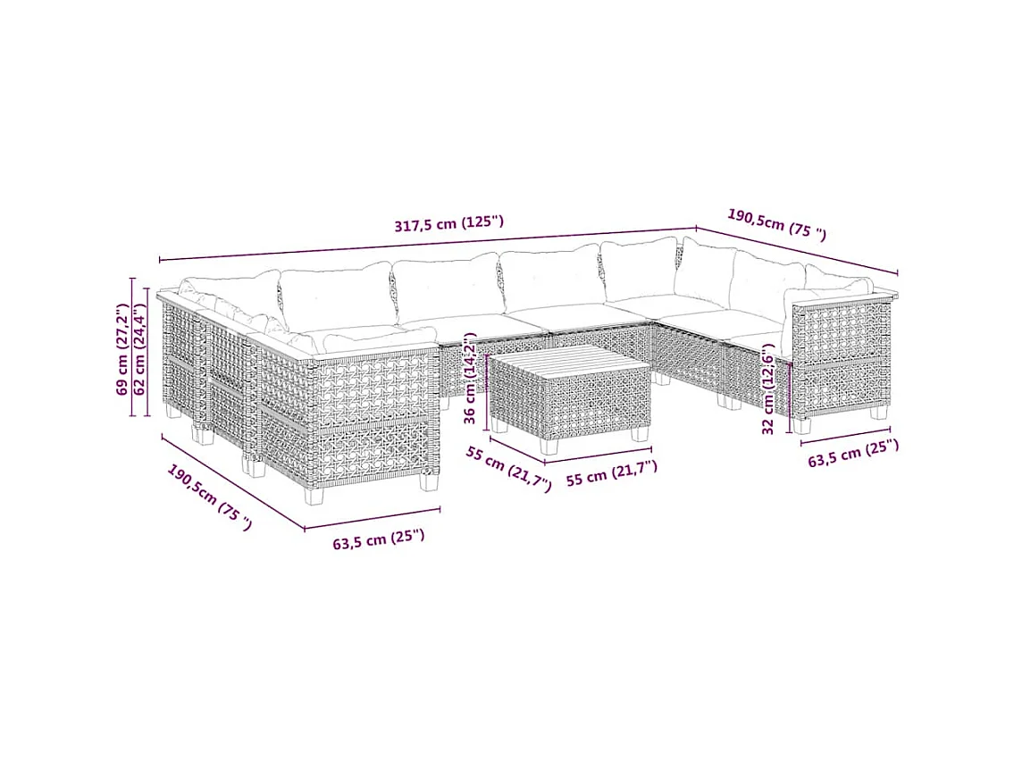 Set Divano da Giardino 10 pz con Cuscini Beige in Polyrattan