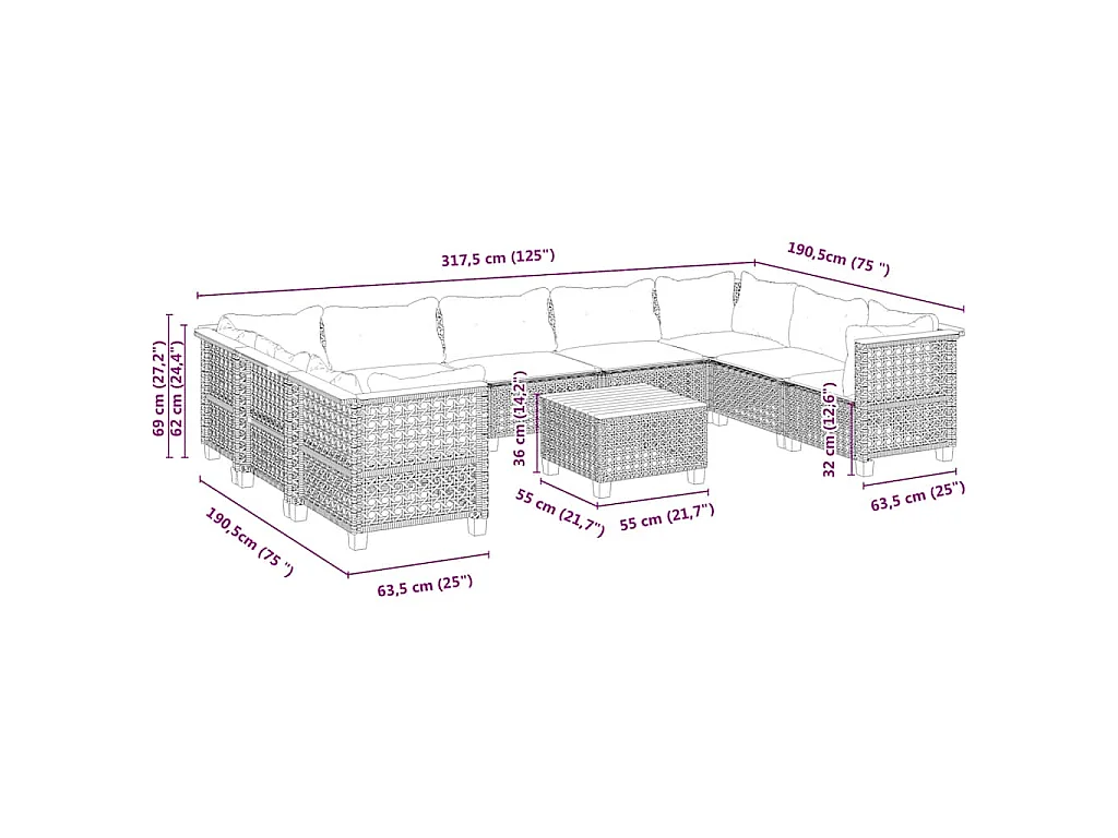 10-delige Loungeset met kussens poly rattan beige