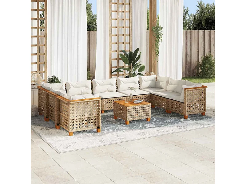 Salon de jardin avec coussins 10 pcs beige résine tressée