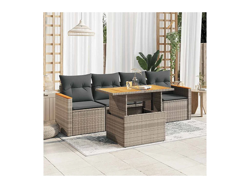 Salon de jardin 5 pcs avec coussins gris résine tressée acacia